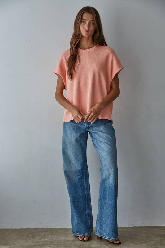 Sun-Drenched Coral Waffle Cap Sleeve Tee