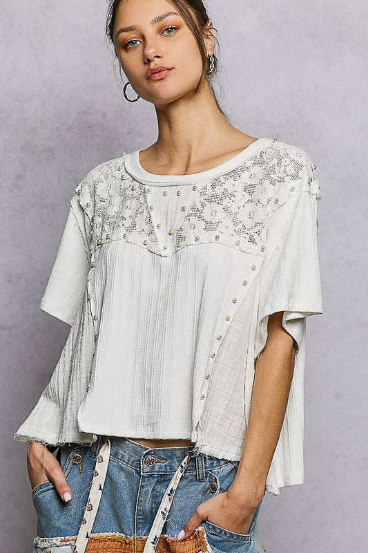 The Pearl & Lace Mixed-Media Top