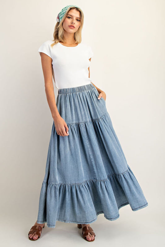 Washed Denim Maxi Skirt