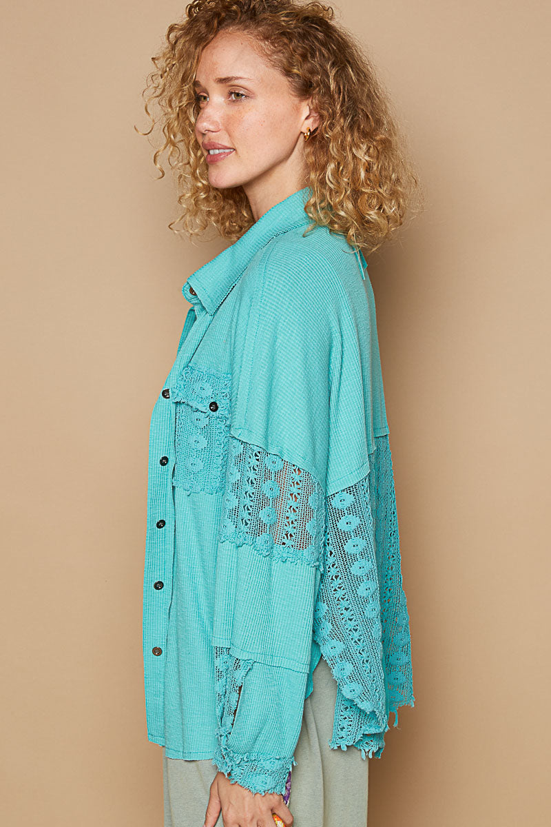 Peacock Blue Rib & Lace Shirt