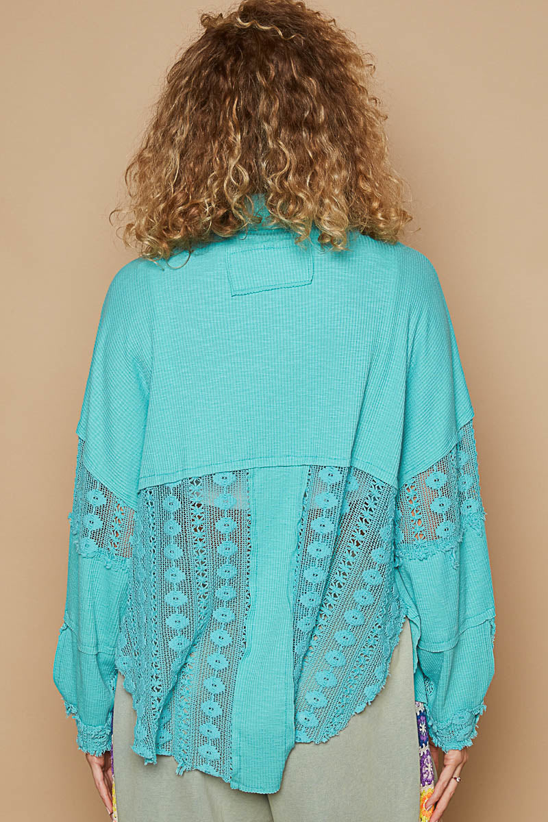 Peacock Blue Rib & Lace Shirt