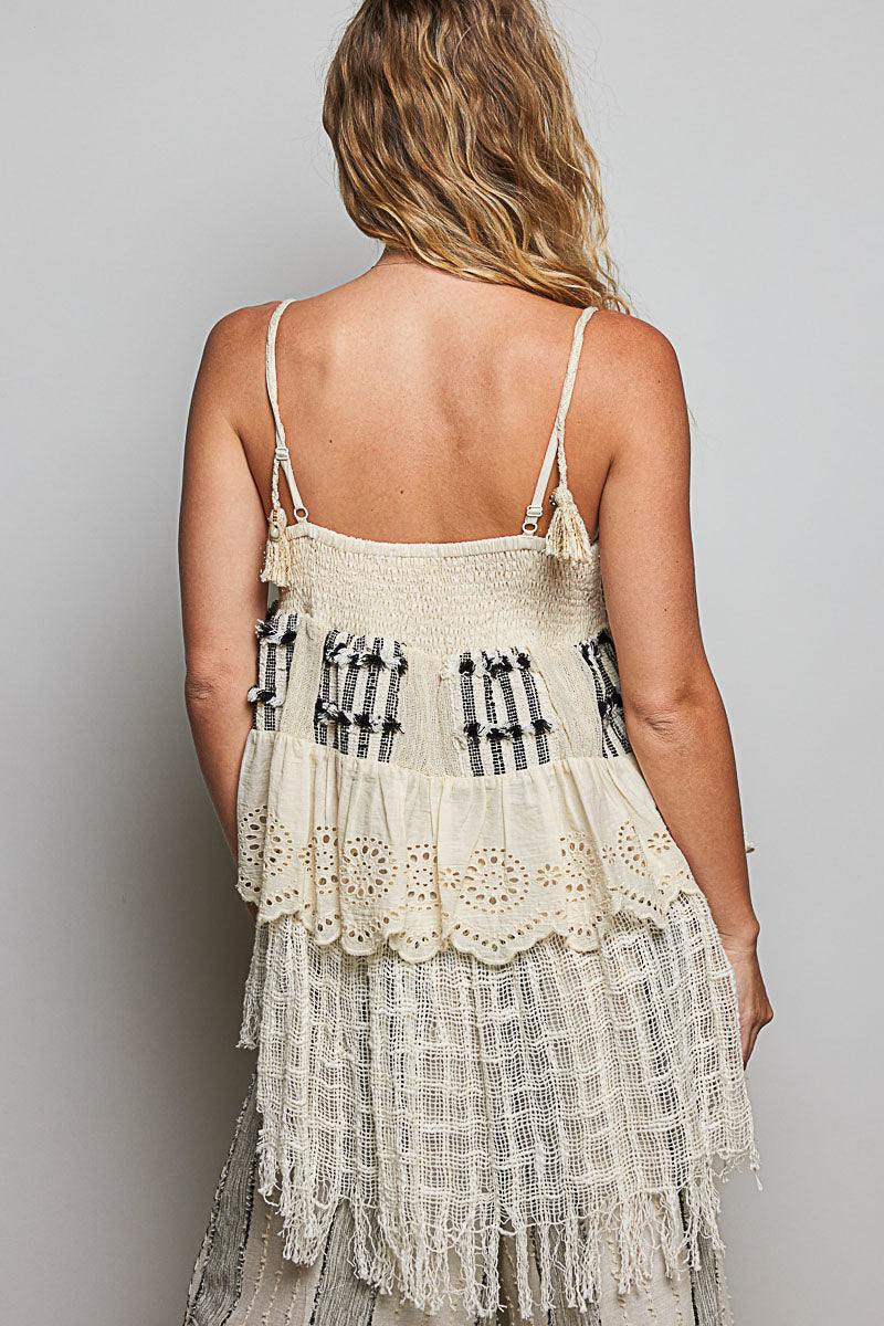 Artisanal Tweed & Eyelet Fringe Tank Top