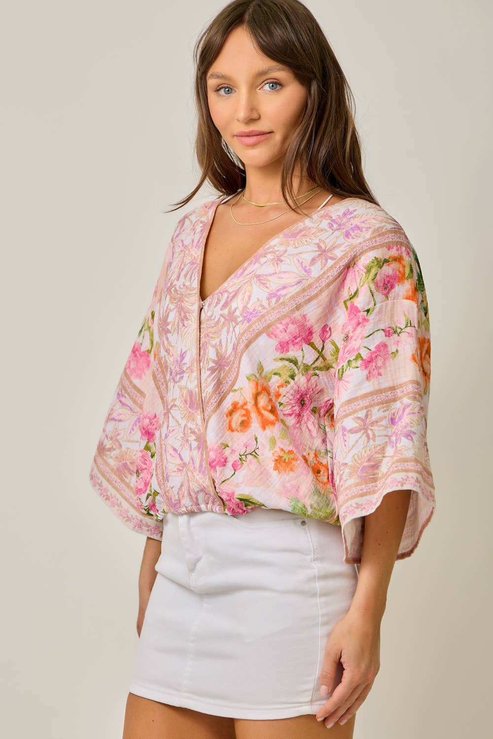 61563 Border Print Front Wrap Kimono Top