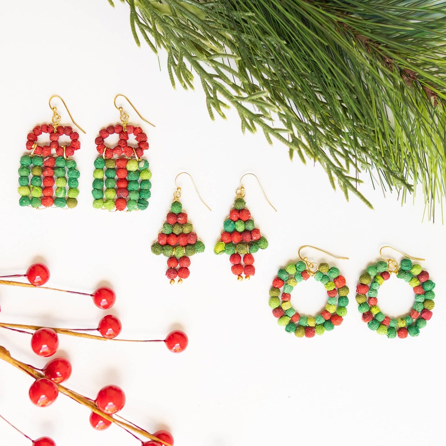 Kantha Holiday Tree Earrings