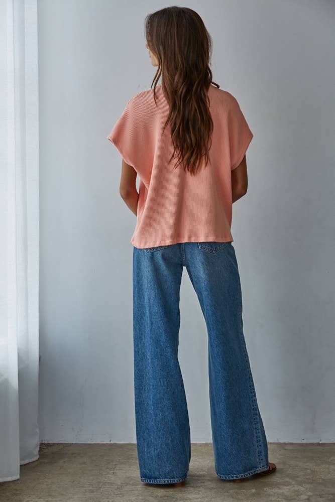 Sun-Drenched Coral Waffle Cap Sleeve Tee