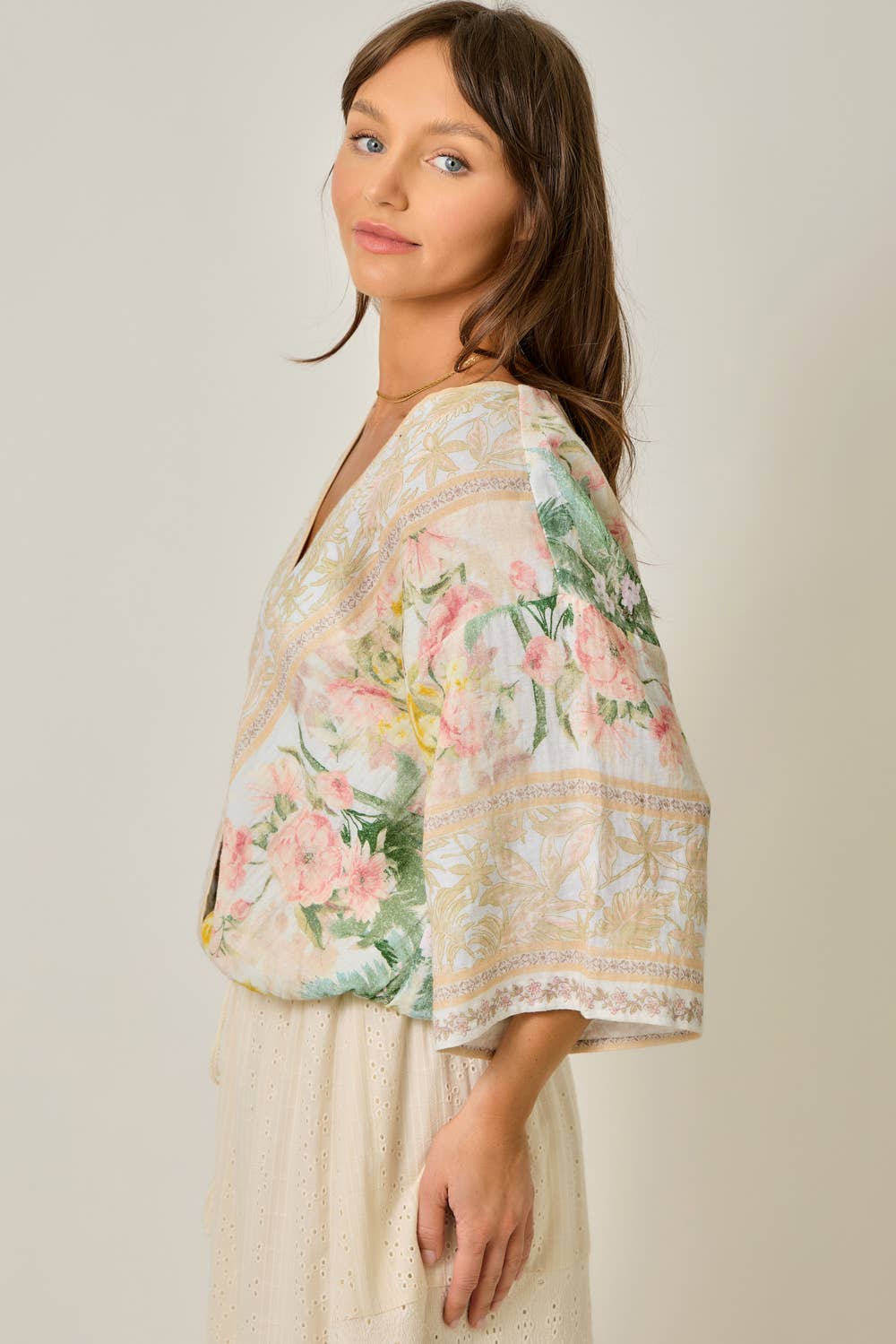 61563 Border Print Front Wrap Kimono Top