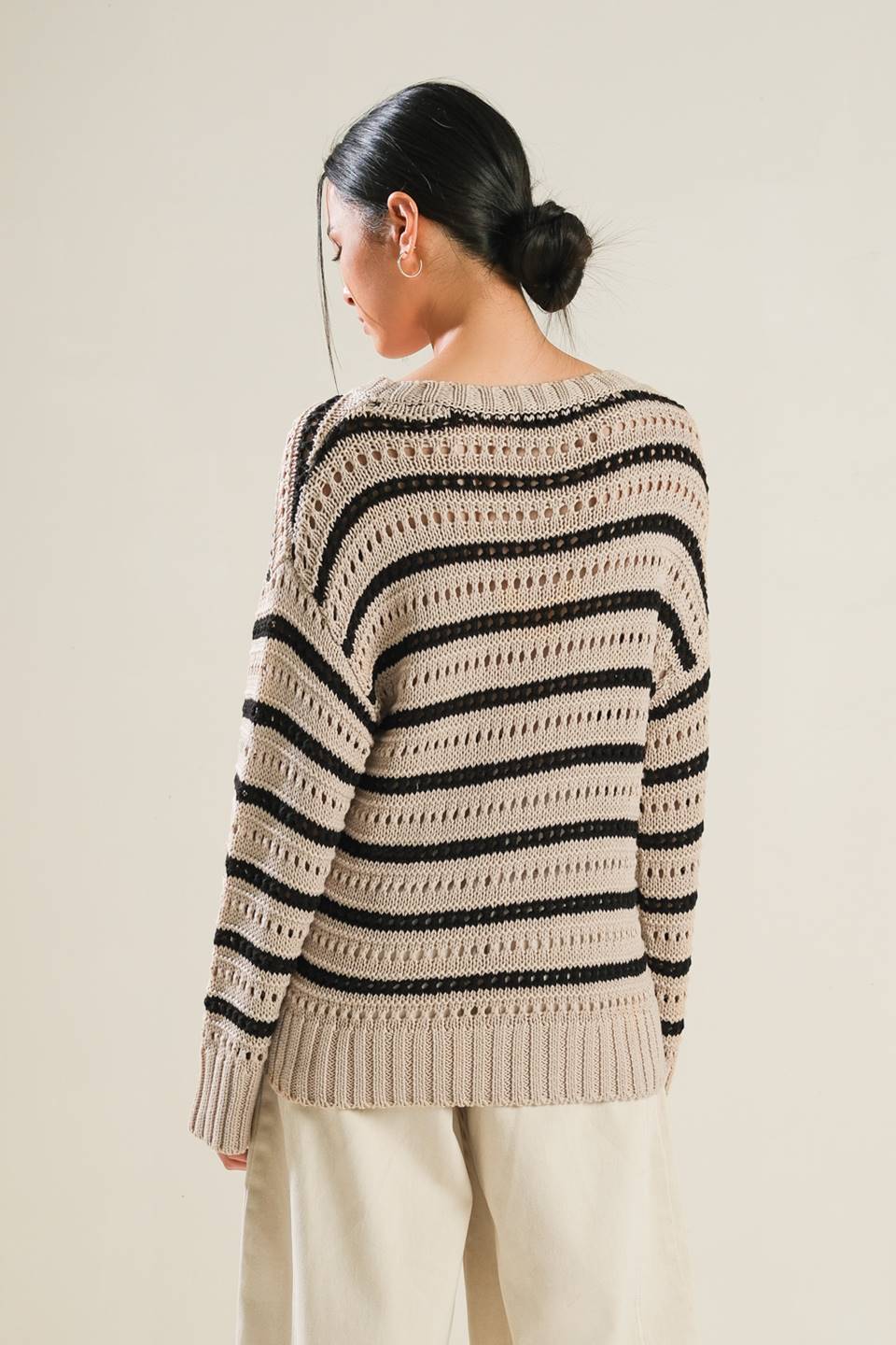 Beige Black Stripe Crochet Sweater