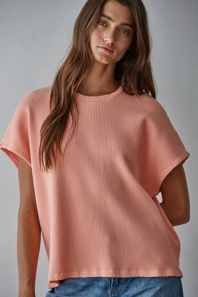 Sun-Drenched Coral Waffle Cap Sleeve Tee