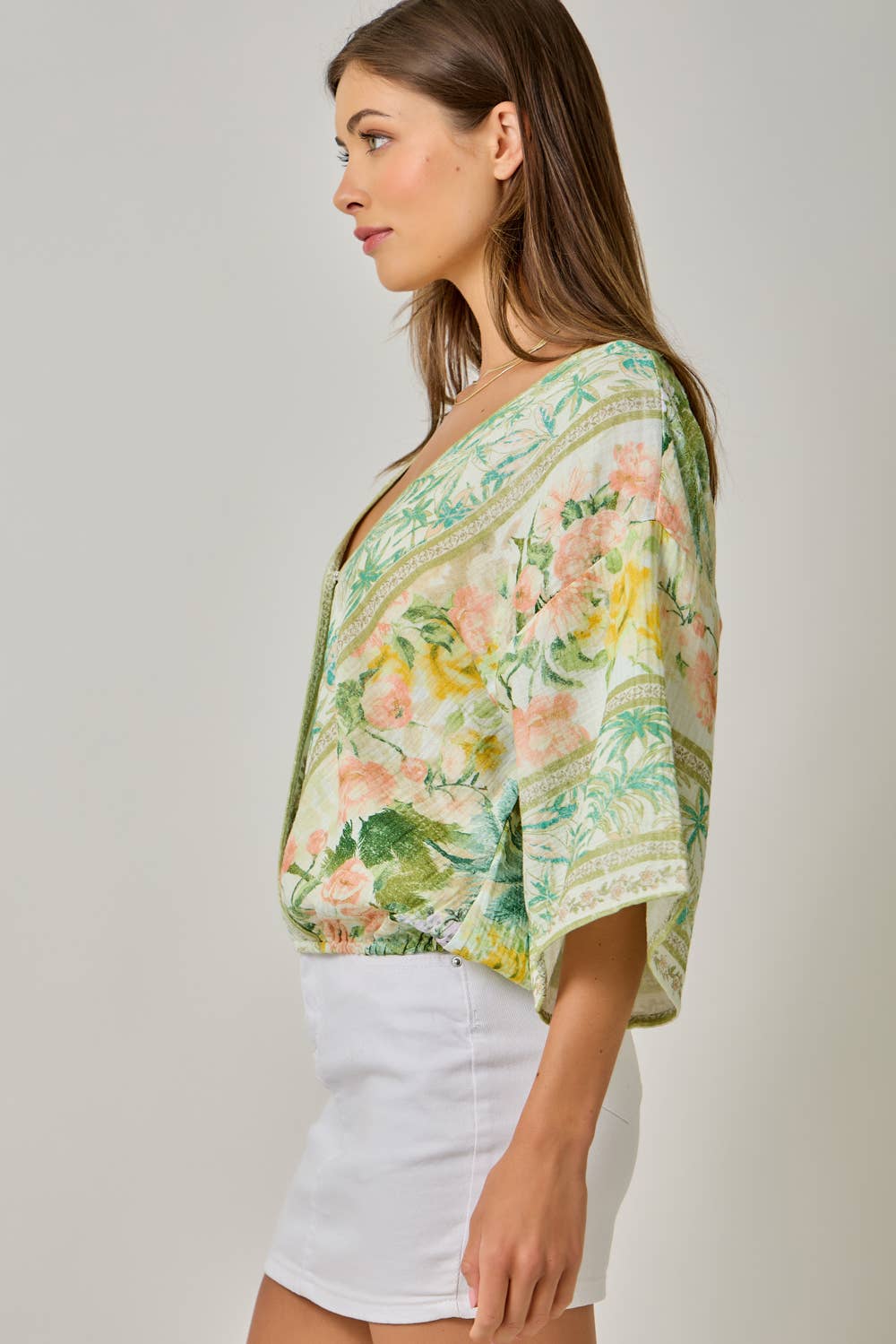 61563 Border Print Front Wrap Kimono Top