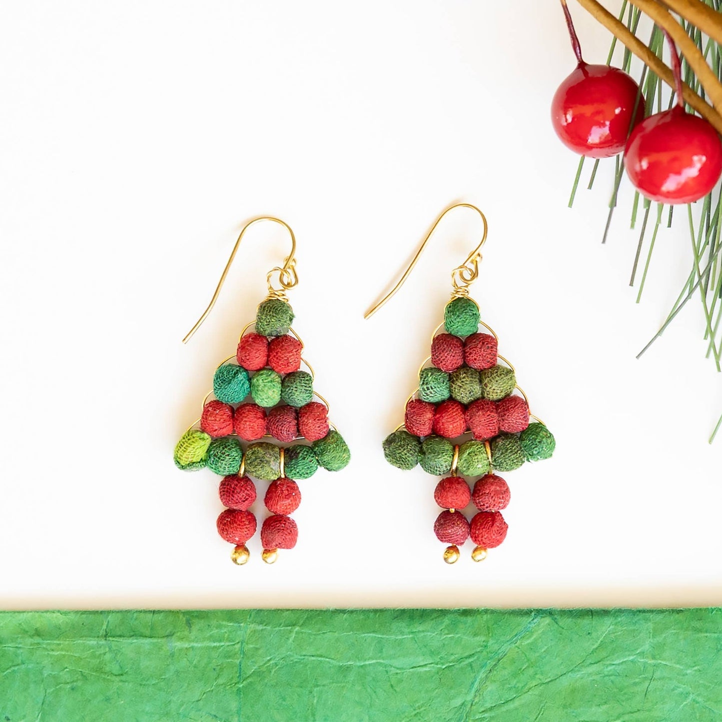 Kantha Holiday Tree Earrings
