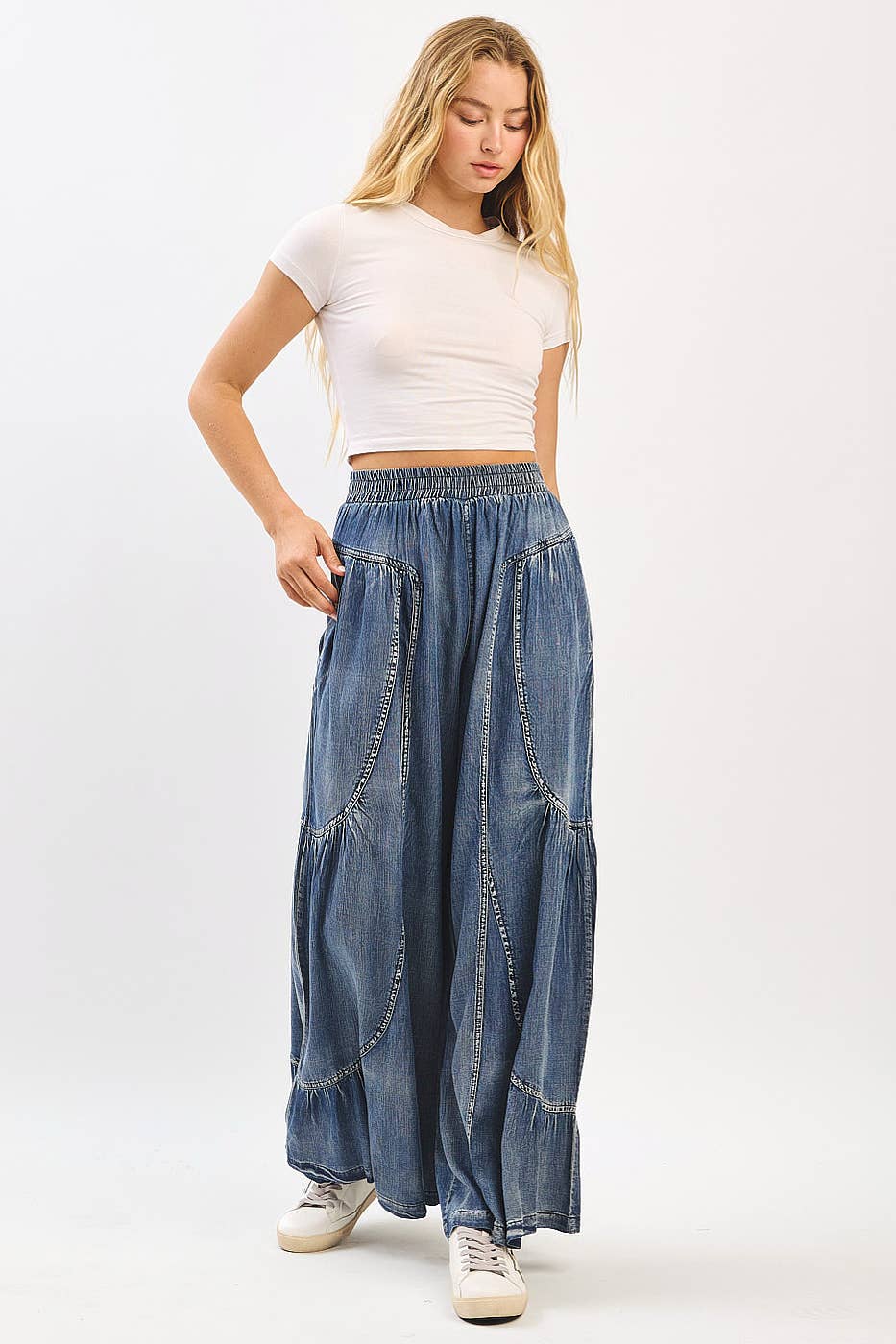 Washed Tencel Tiered Seam Pants
