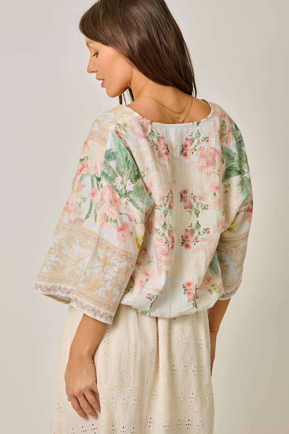 61563 Border Print Front Wrap Kimono Top