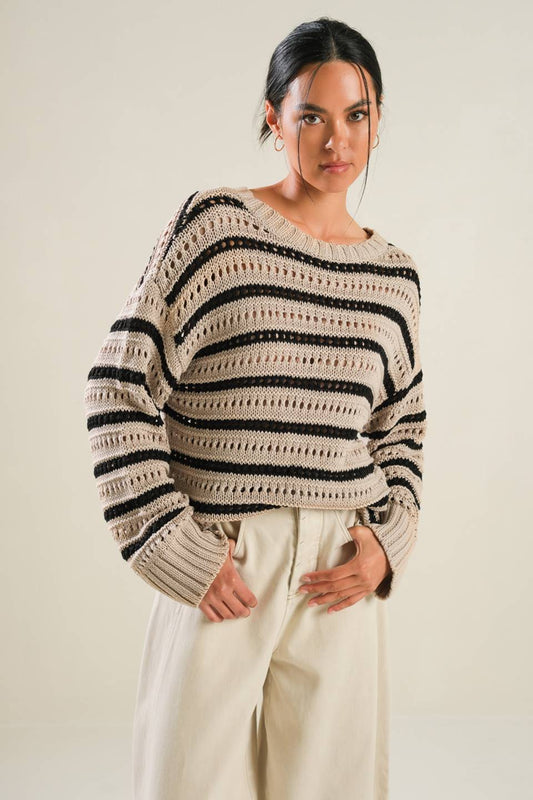 Beige Black Stripe Crochet Sweater