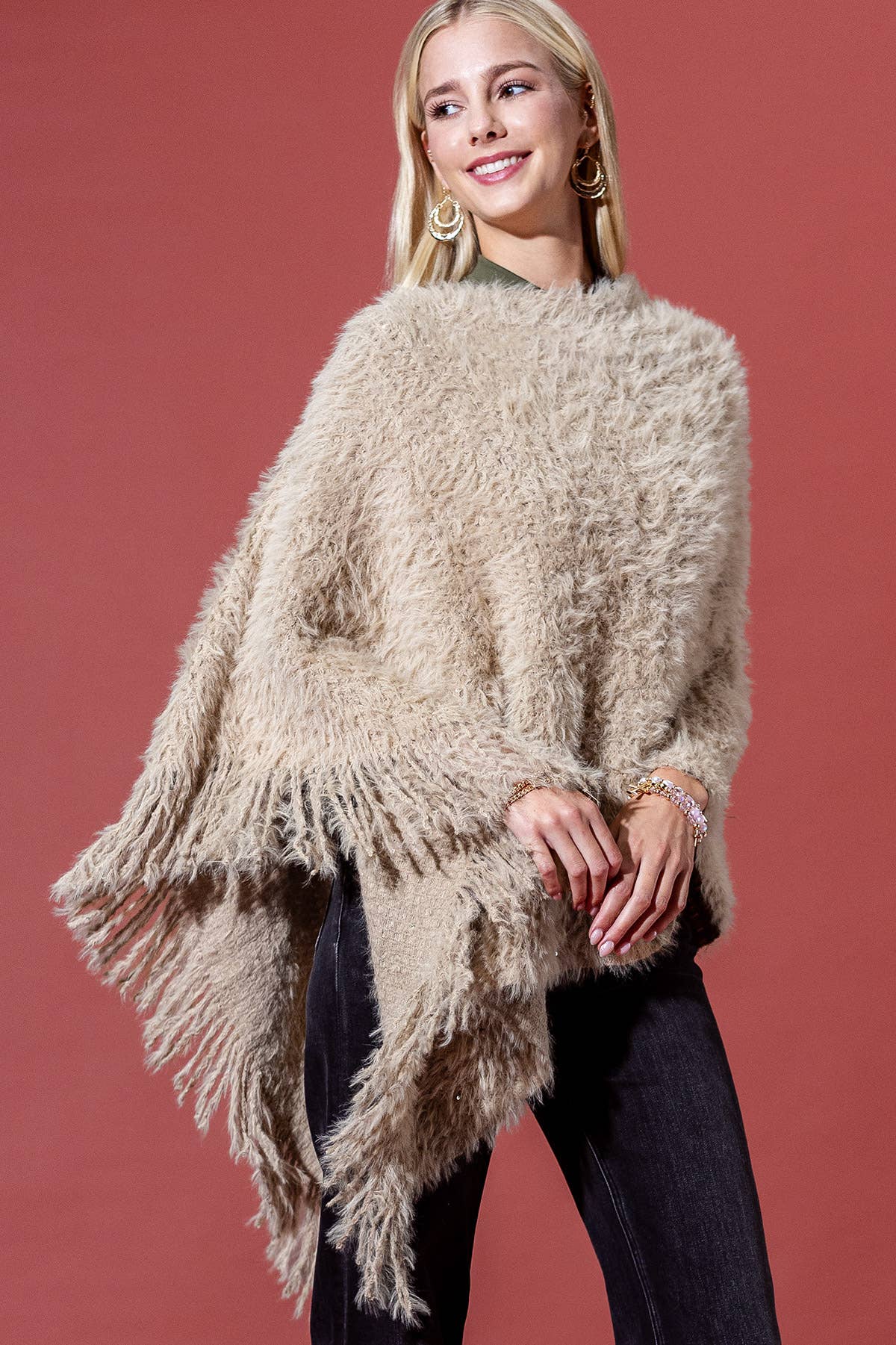 Shaggy Fringed Asymmetrical Poncho