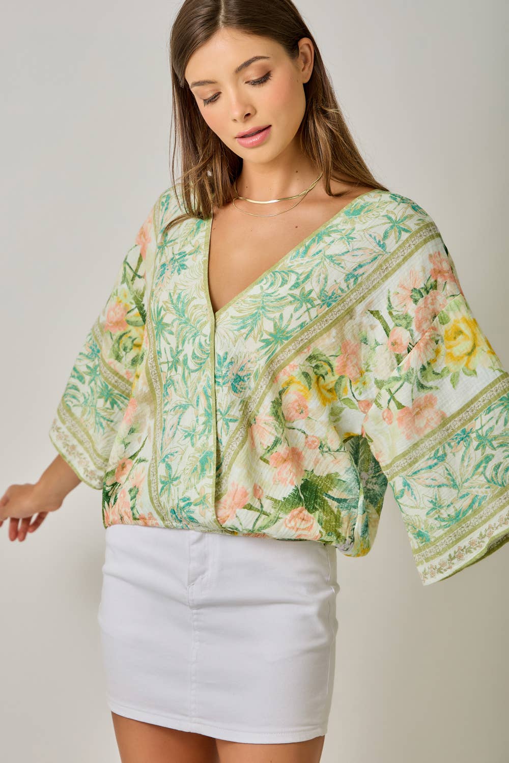 61563 Border Print Front Wrap Kimono Top