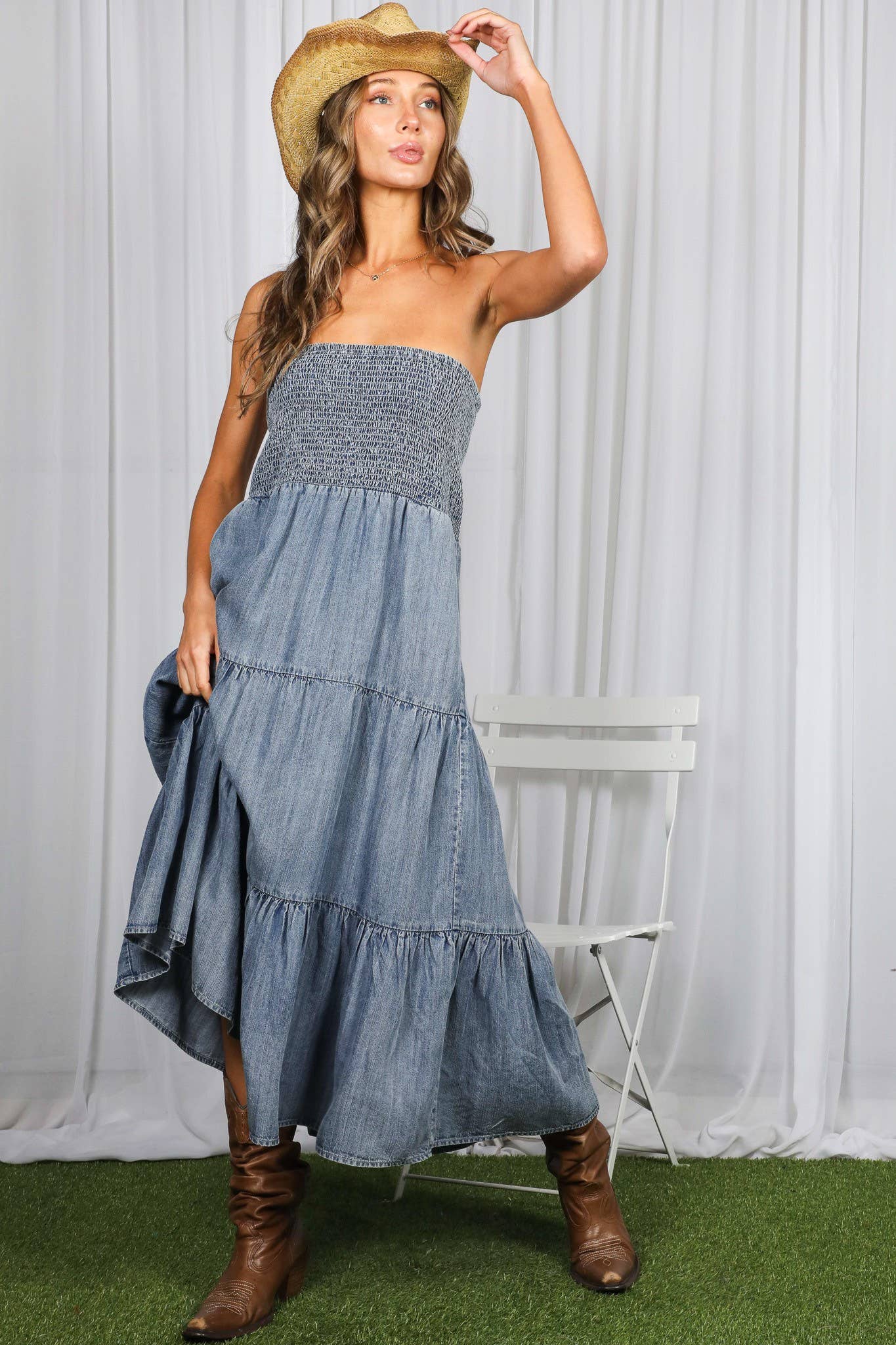 Salty Air Smocked Denim Midi Dress
