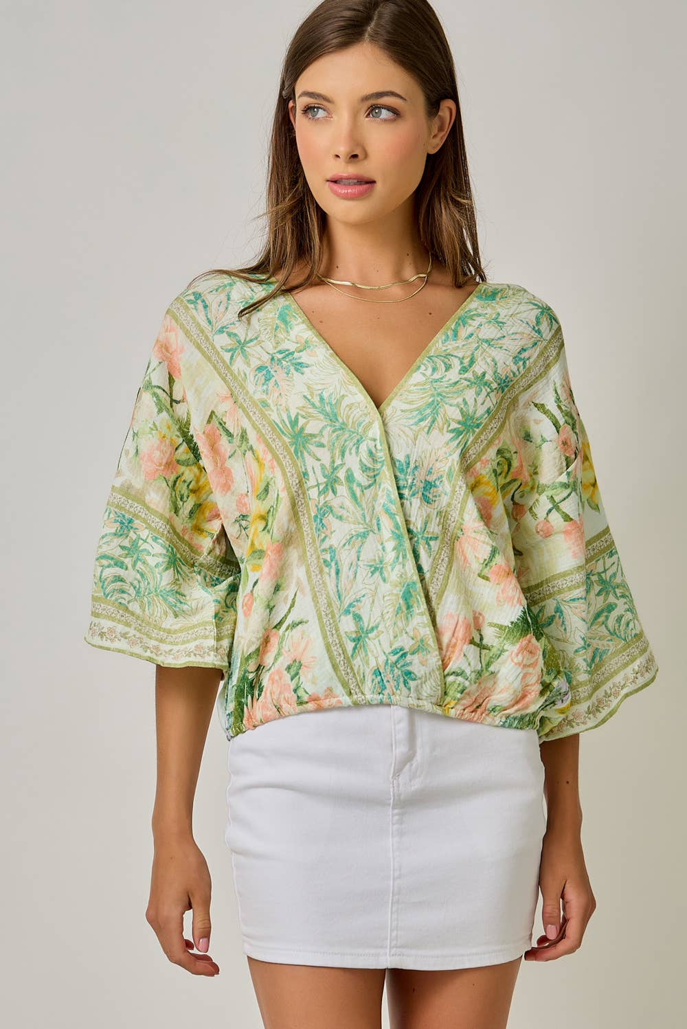 61563 Border Print Front Wrap Kimono Top