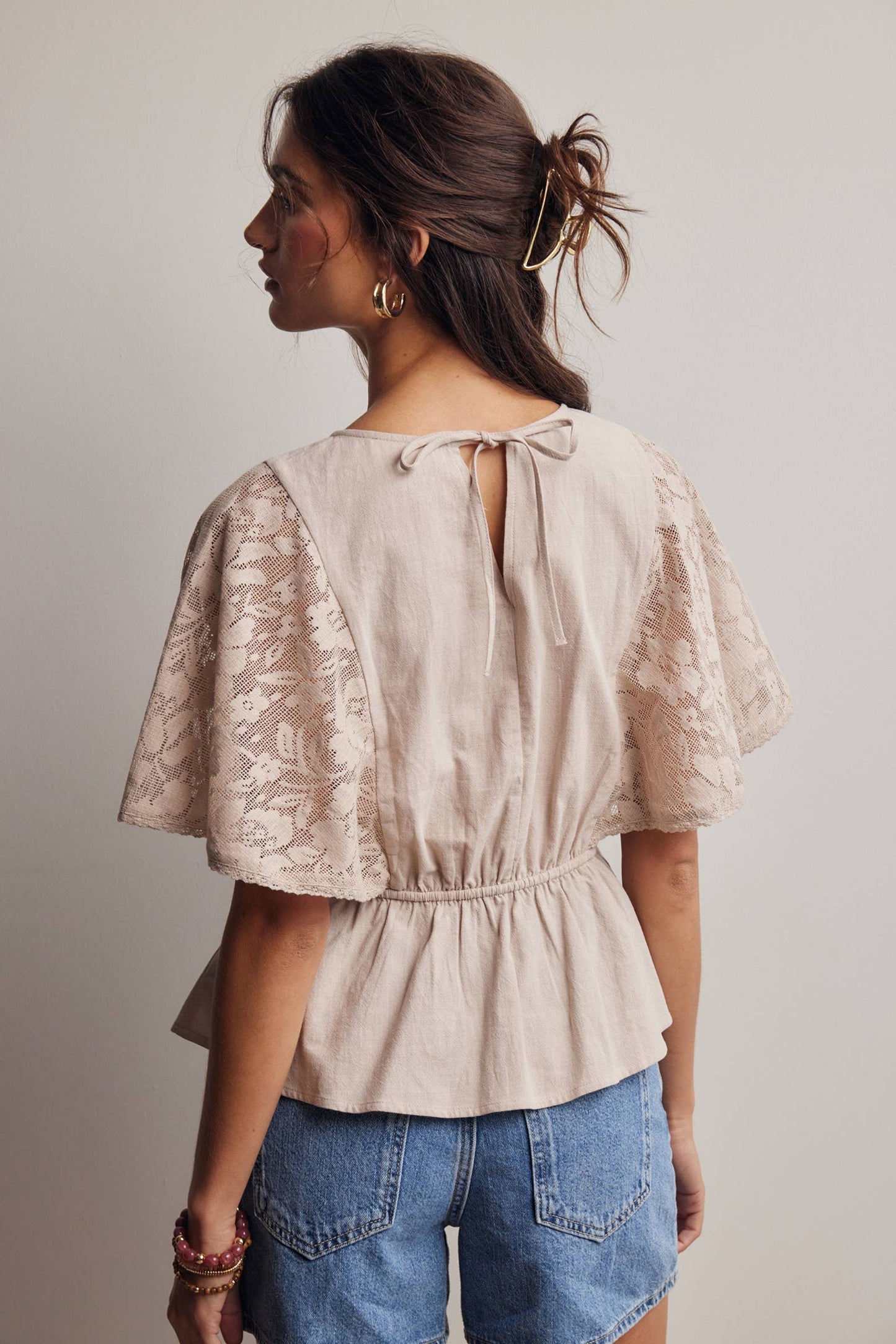 Lace Cape-Sleeve Peplum Blouse