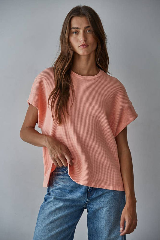 Sun-Drenched Coral Waffle Cap Sleeve Tee