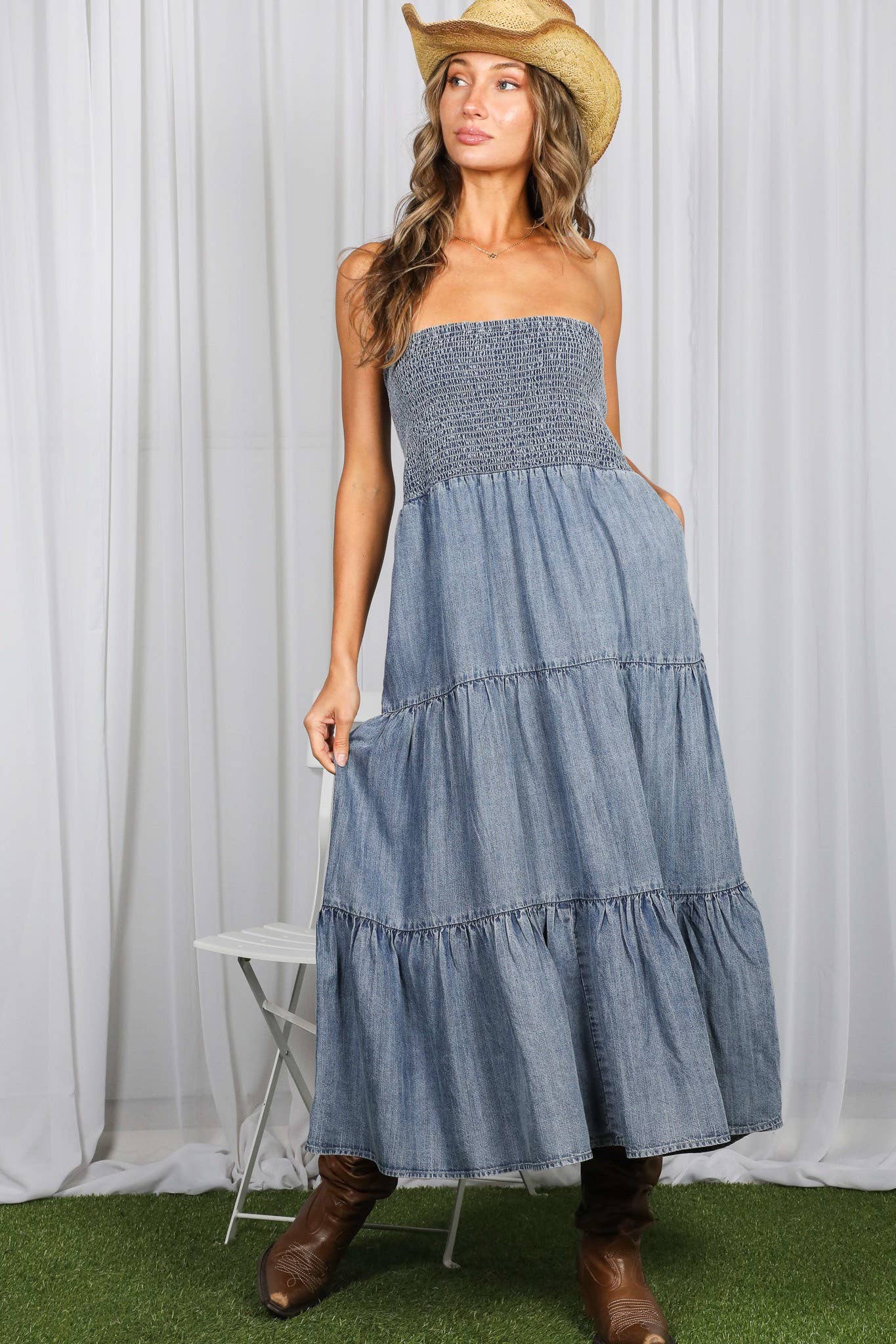 Salty Air Smocked Denim Midi Dress