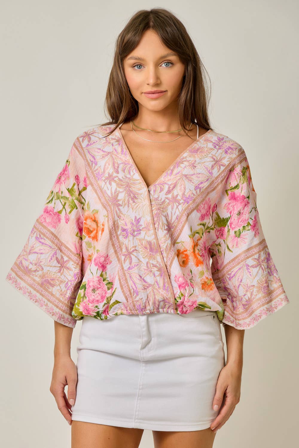 61563 Border Print Front Wrap Kimono Top