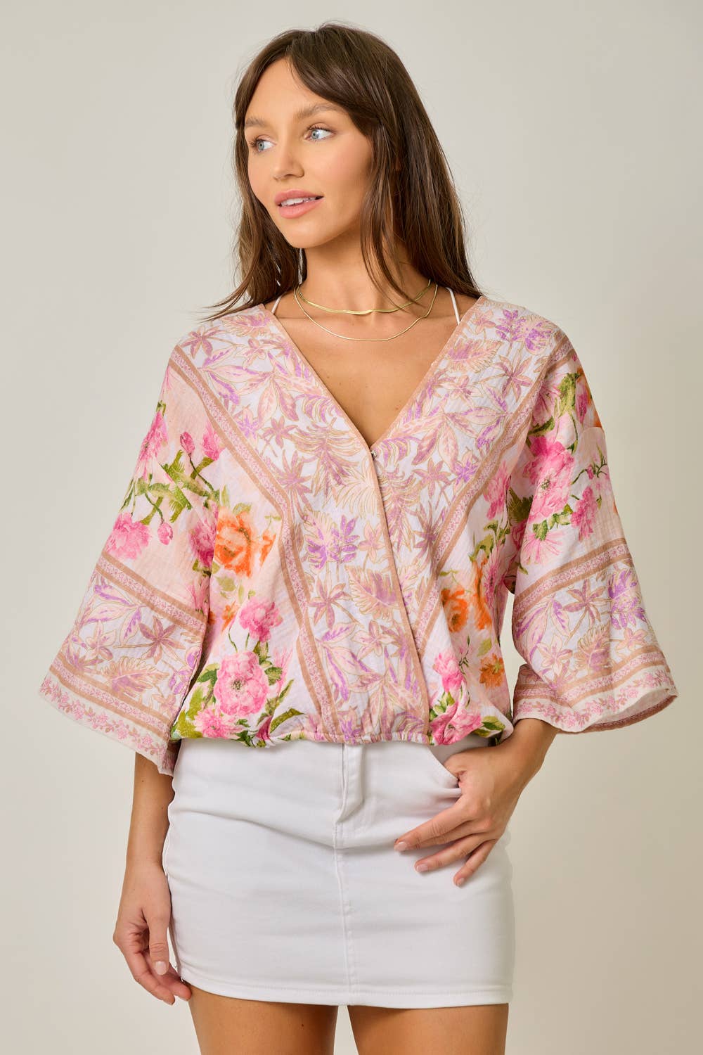 61563 Border Print Front Wrap Kimono Top