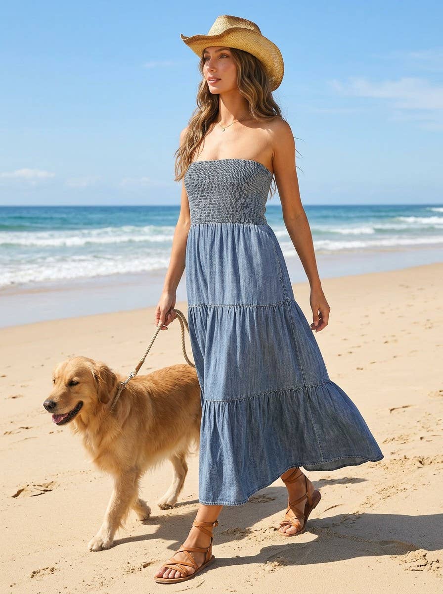 Salty Air Smocked Denim Midi Dress