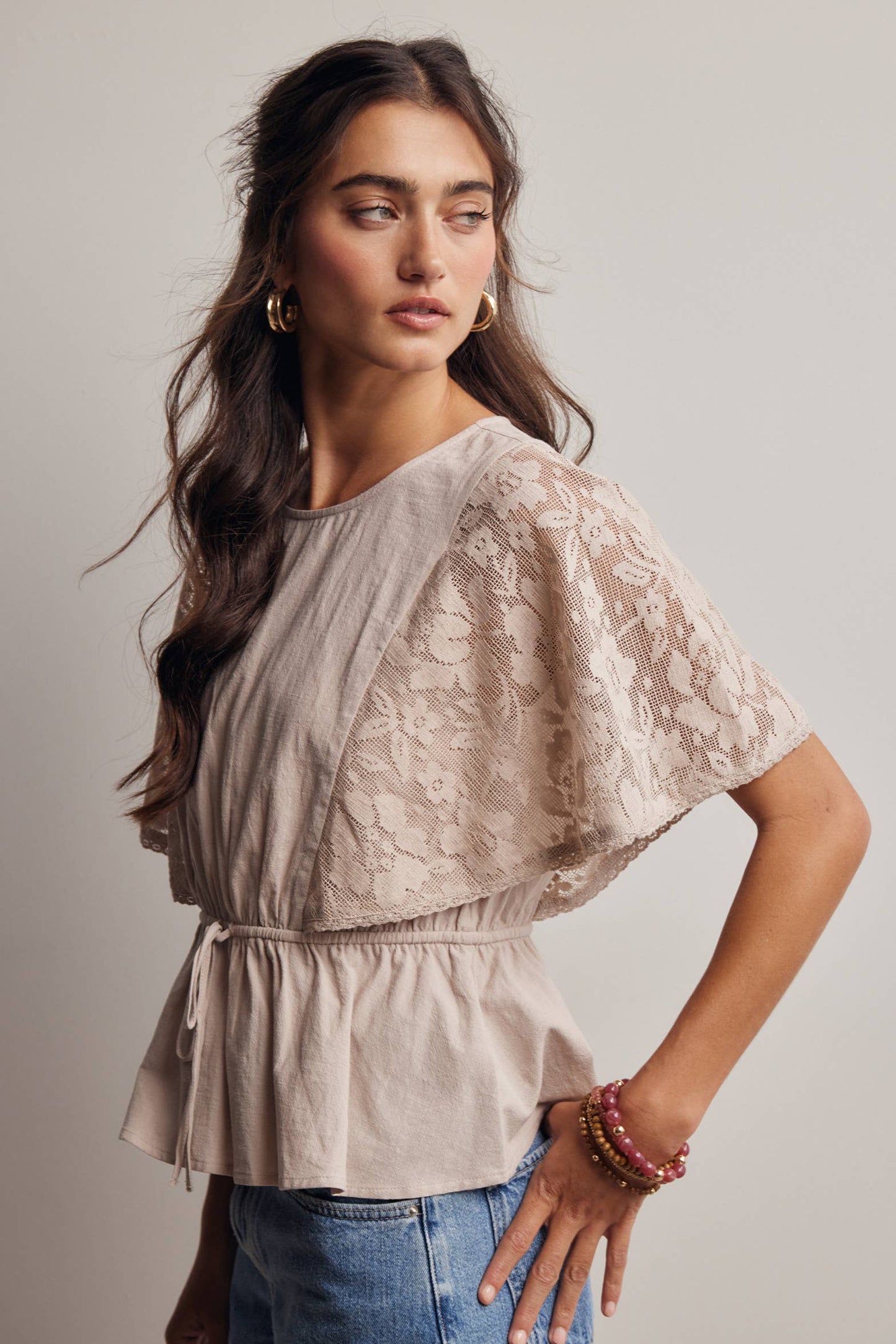 Lace Cape-Sleeve Peplum Blouse