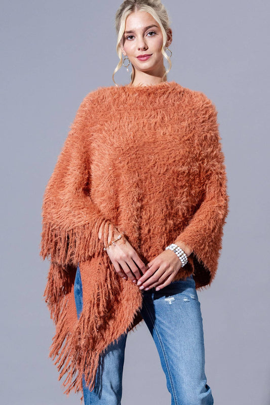 Shaggy Fringed Asymmetrical Poncho