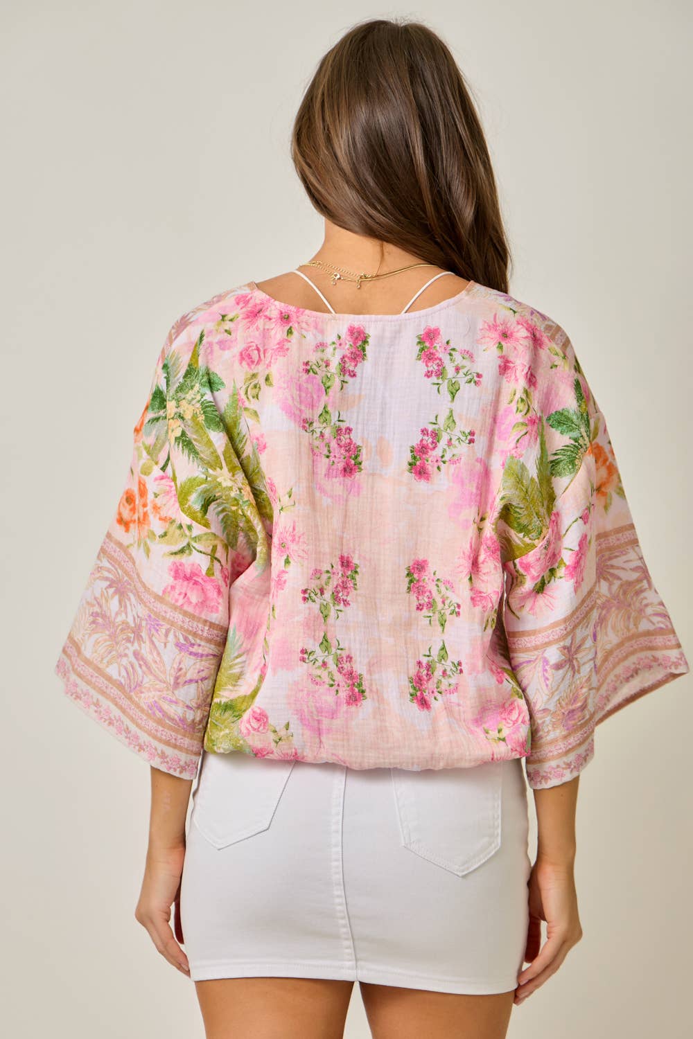 61563 Border Print Front Wrap Kimono Top