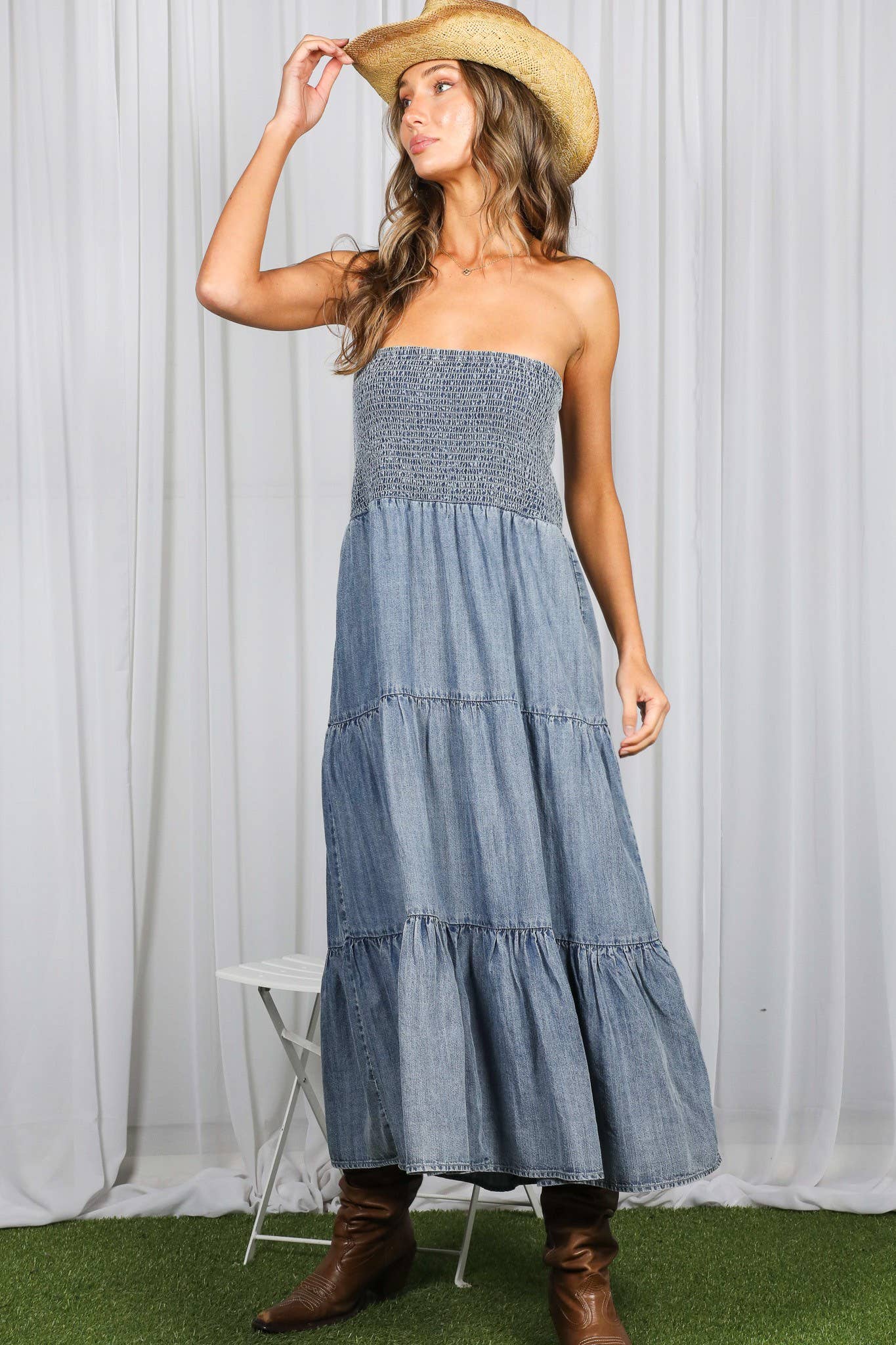 Salty Air Smocked Denim Midi Dress