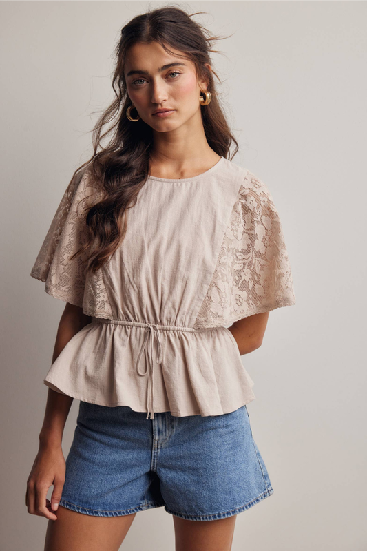 Lace Cape-Sleeve Peplum Blouse