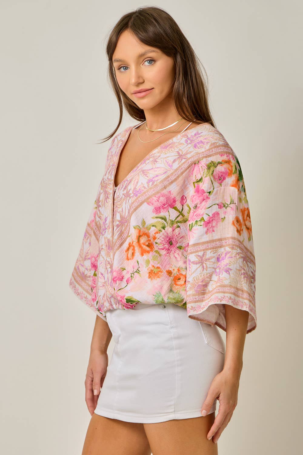 61563 Border Print Front Wrap Kimono Top