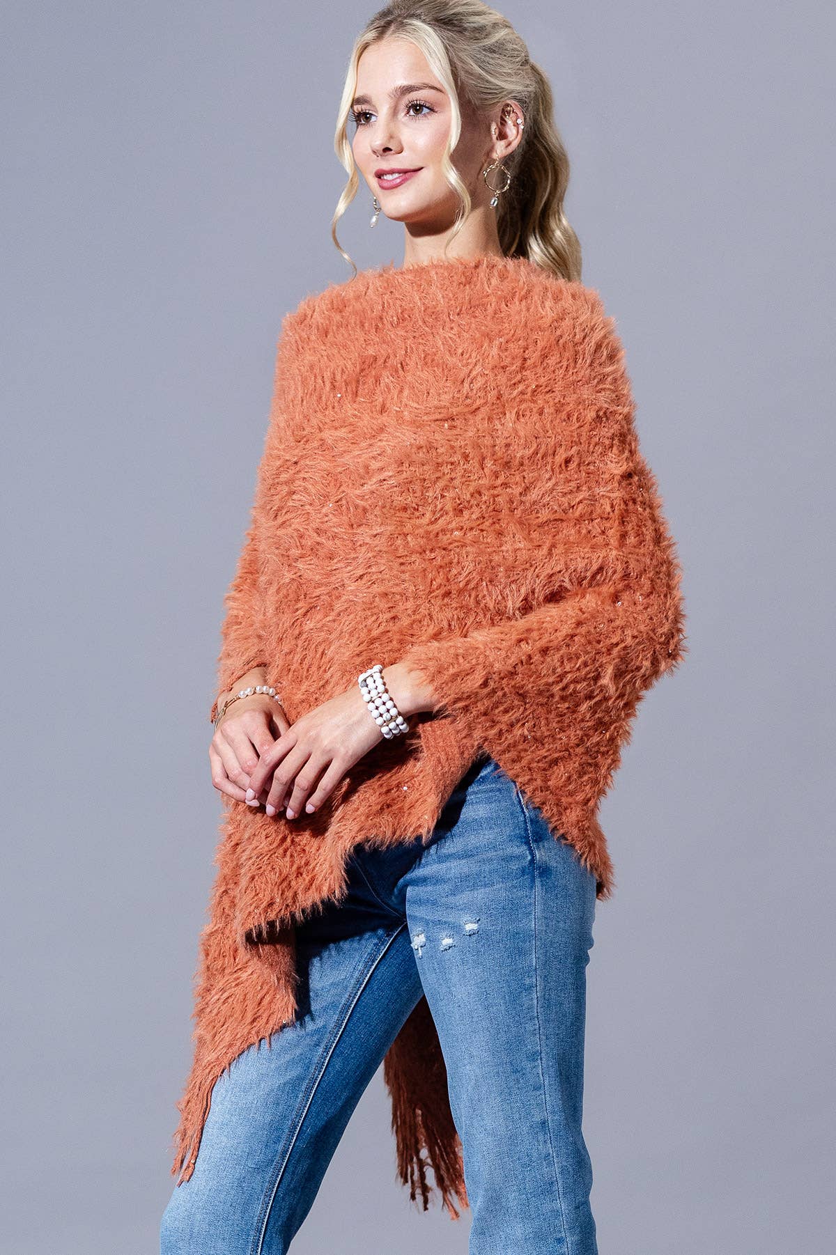 Shaggy Fringed Asymmetrical Poncho