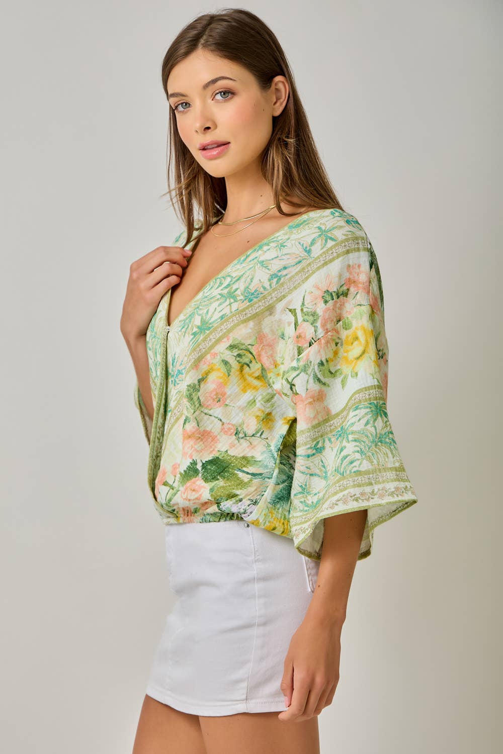 61563 Border Print Front Wrap Kimono Top