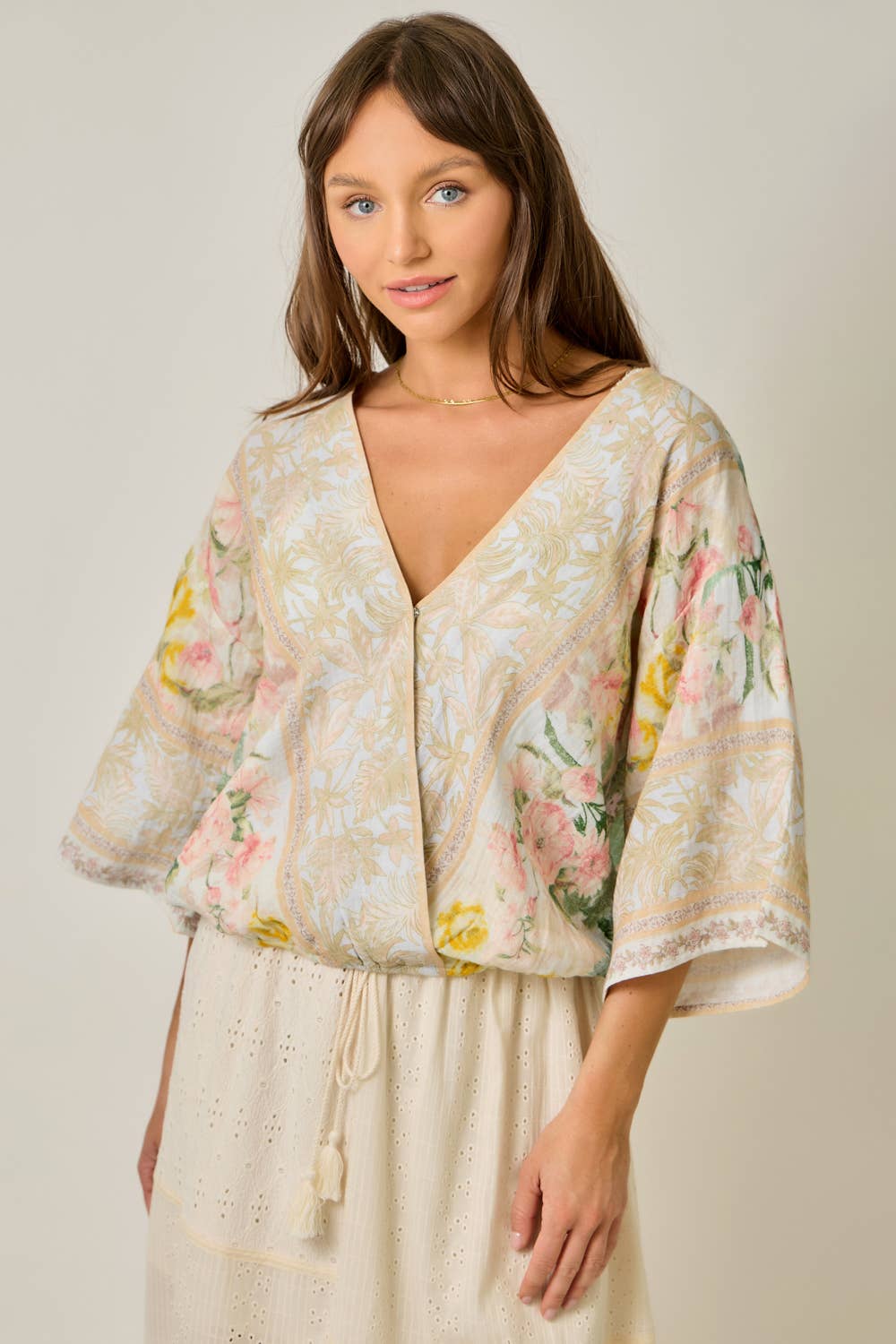 61563 Border Print Front Wrap Kimono Top