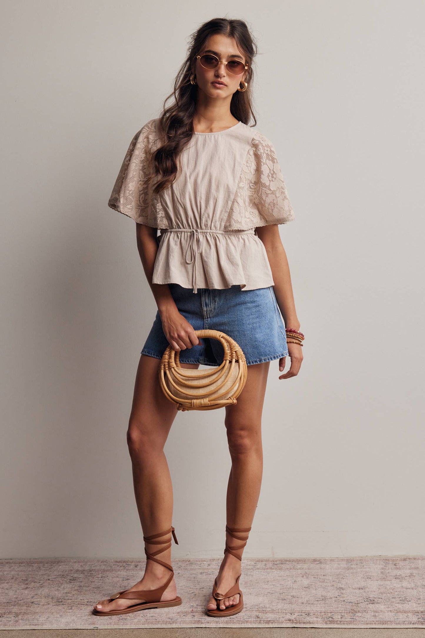 Lace Cape-Sleeve Peplum Blouse