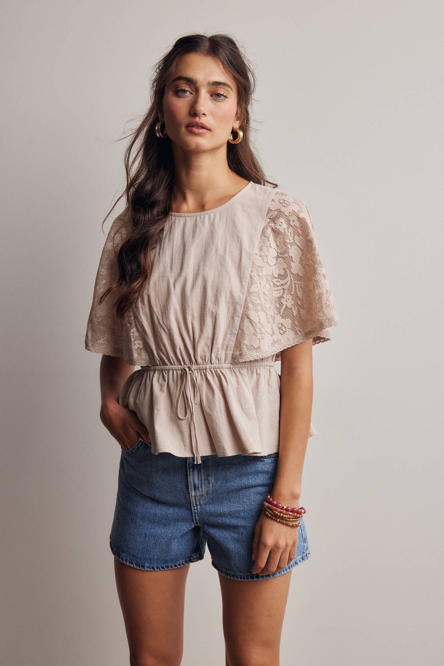 Lace Cape-Sleeve Peplum Blouse