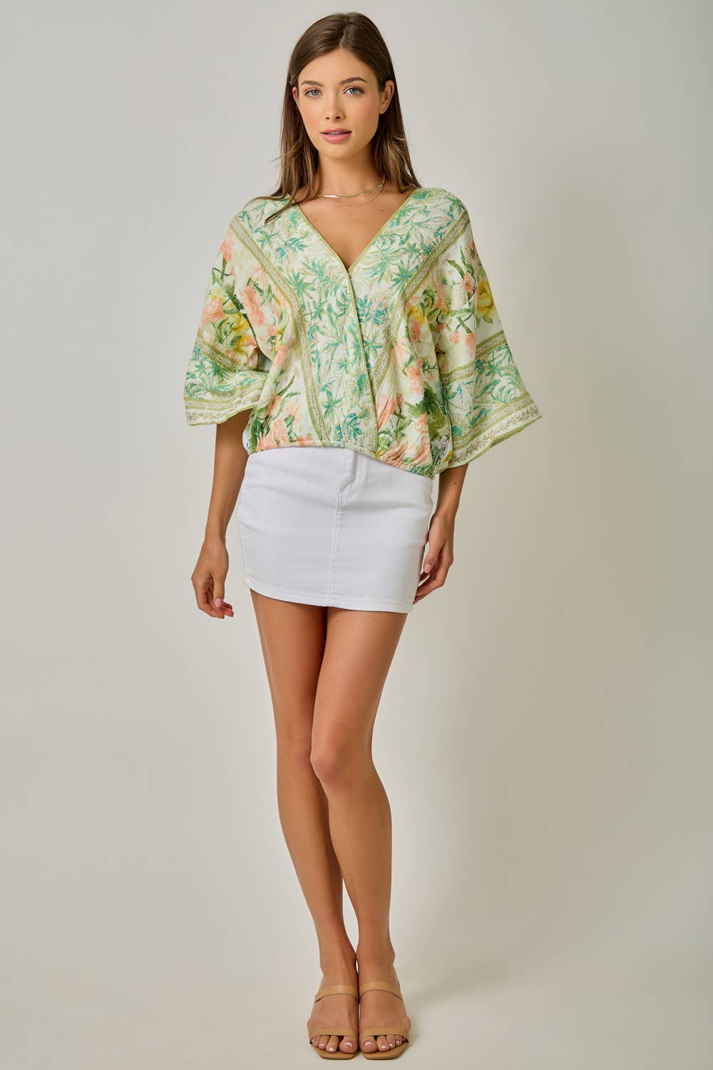 61563 Border Print Front Wrap Kimono Top