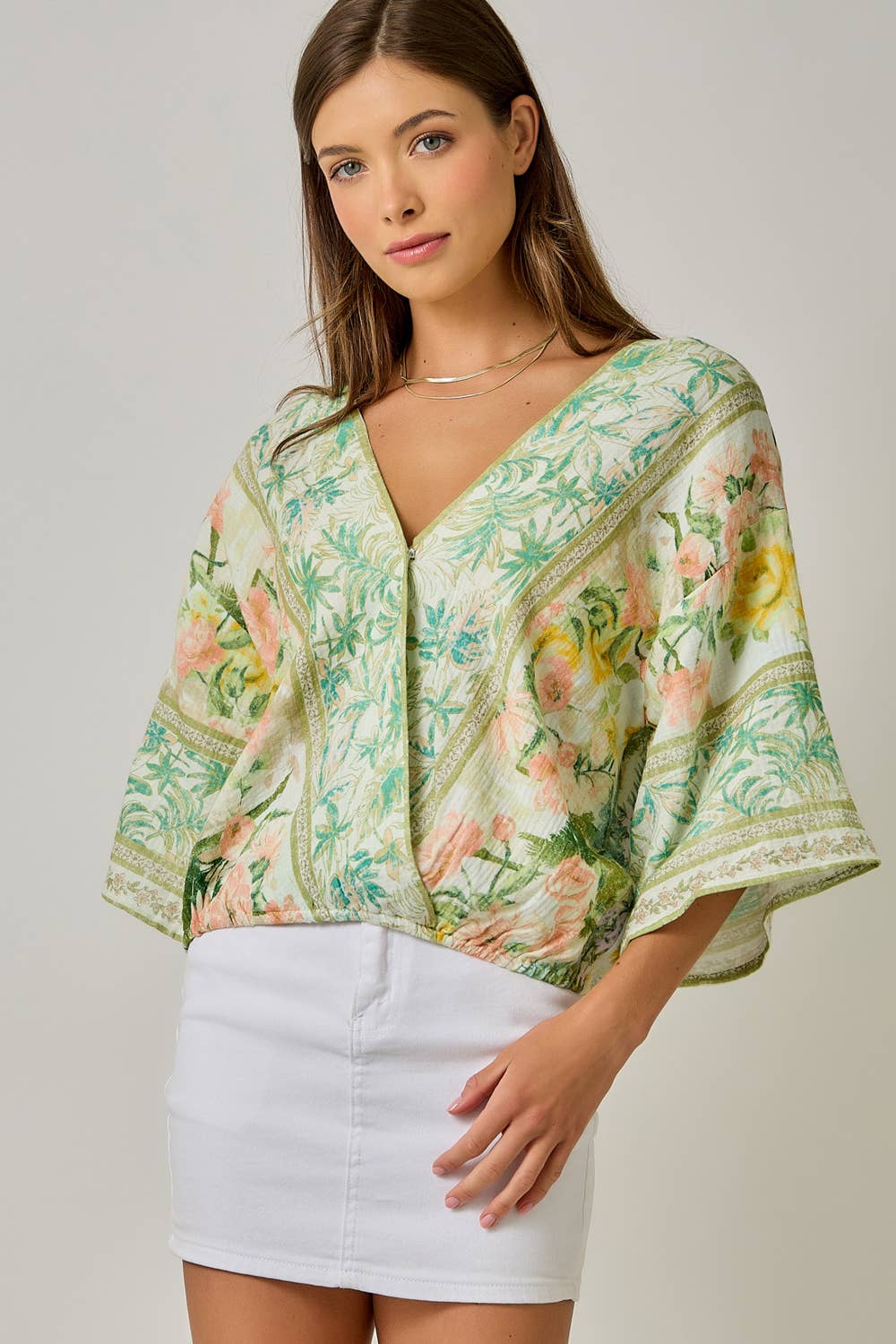 61563 Border Print Front Wrap Kimono Top