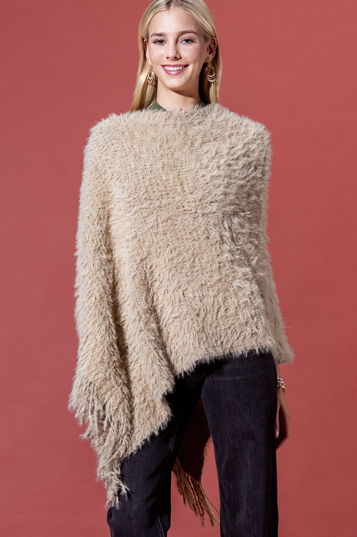 Shaggy Fringed Asymmetrical Poncho