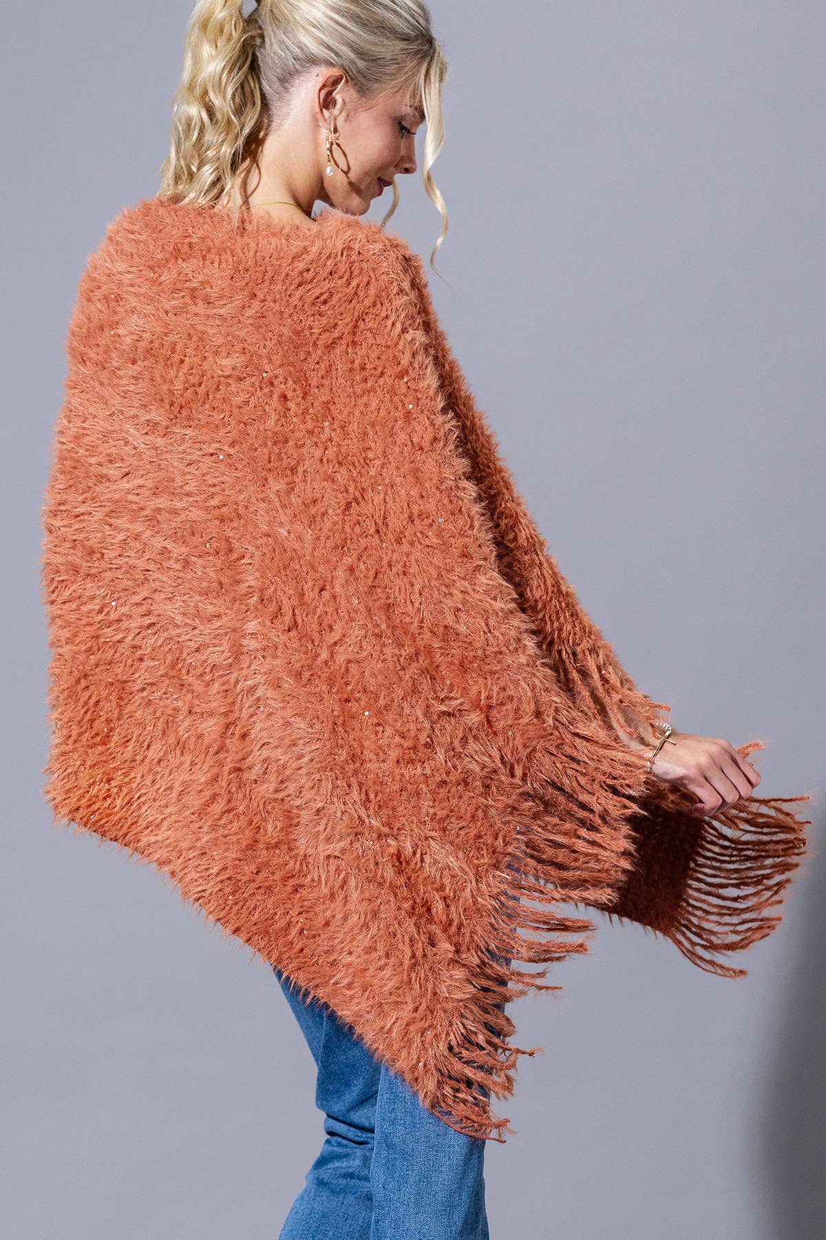 Shaggy Fringed Asymmetrical Poncho
