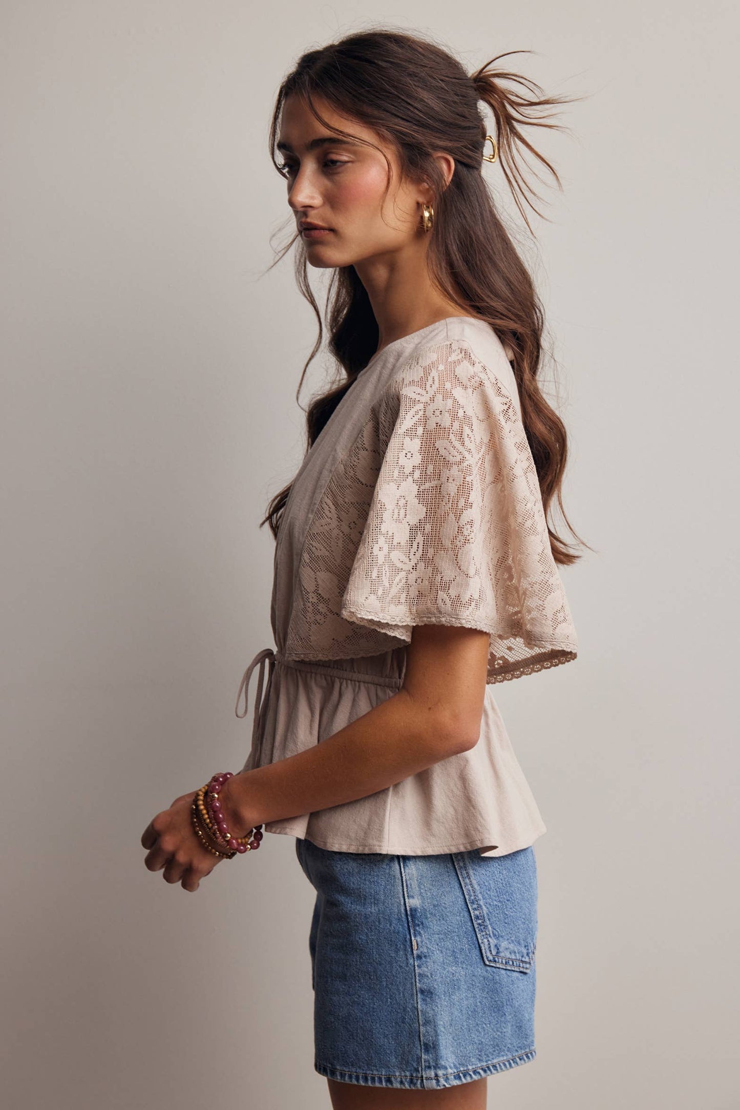 Lace Cape-Sleeve Peplum Blouse
