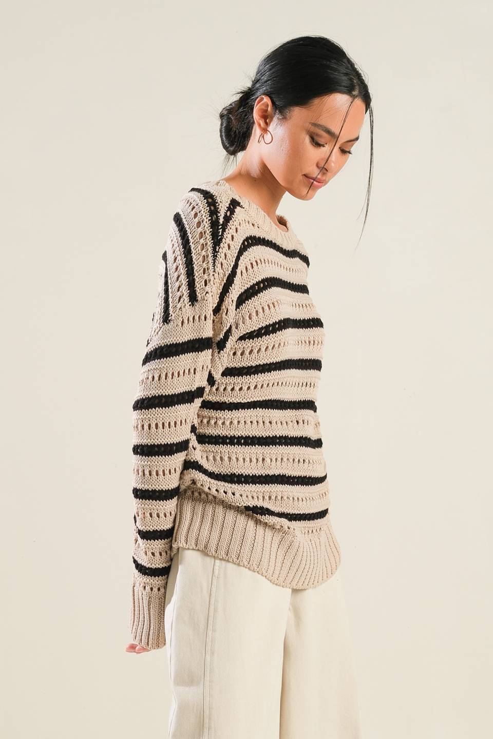 Beige Black Stripe Crochet Sweater