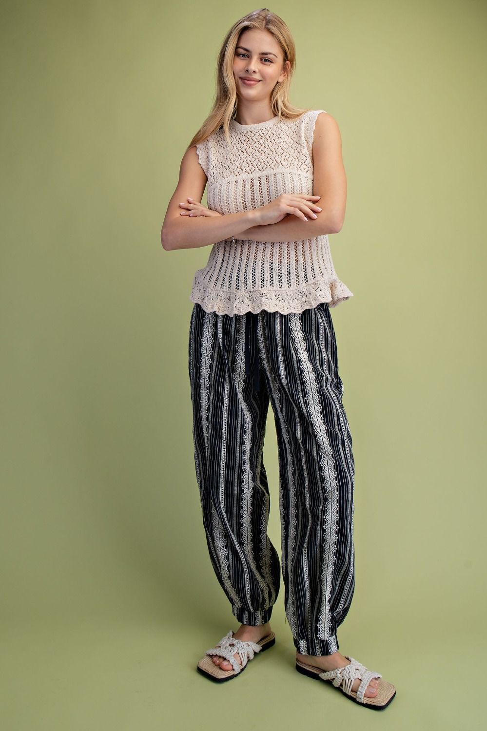 Boho Breeze Textured Striped Drawstring Pants