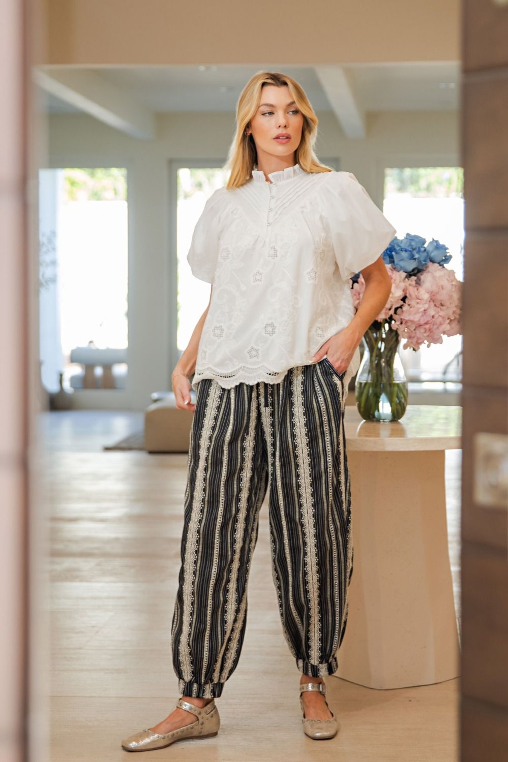 Boho Breeze Textured Striped Drawstring Pants